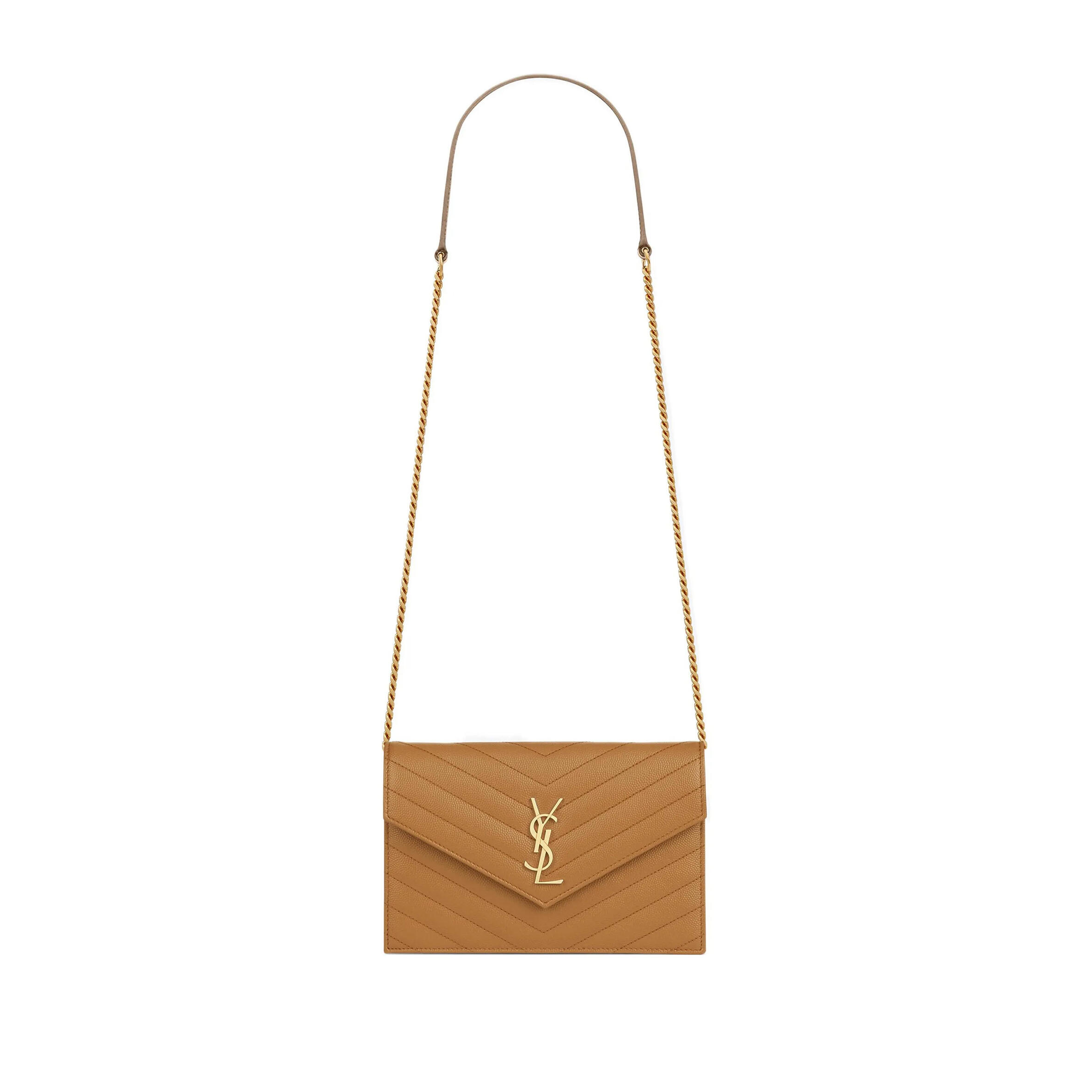 YSL CASSANDRE MATELASSÉ ENVELOPE CHAIN WALLET IN GRAIN DE POUDRE EMBOSSED LEATHER 695108BOW012516 (19*12.5*3.5cm)